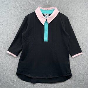 NWT Lobo Maul Polo Shirt 3/4 Sleeve Contrast Trim Collar Black Pink Teal Large